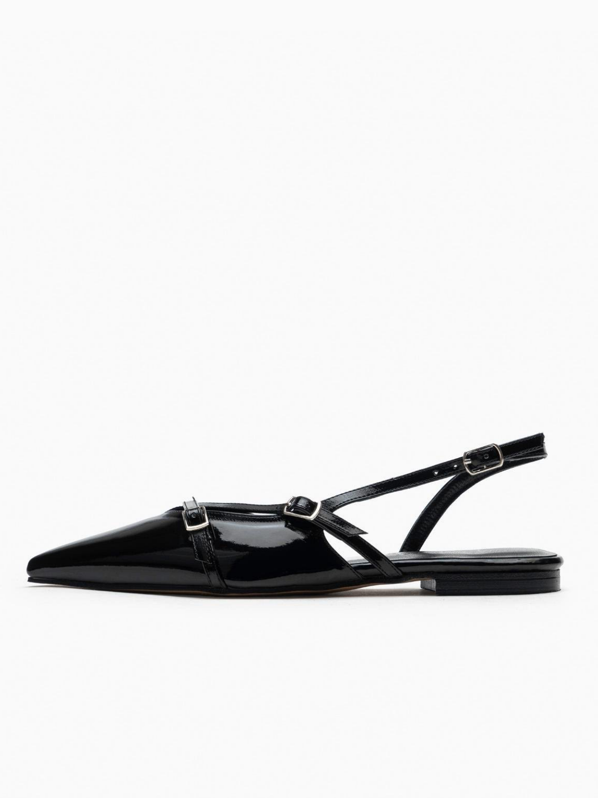 Black Patent Buckled Belt Detail Pointy Ballet Flats Slingbacks