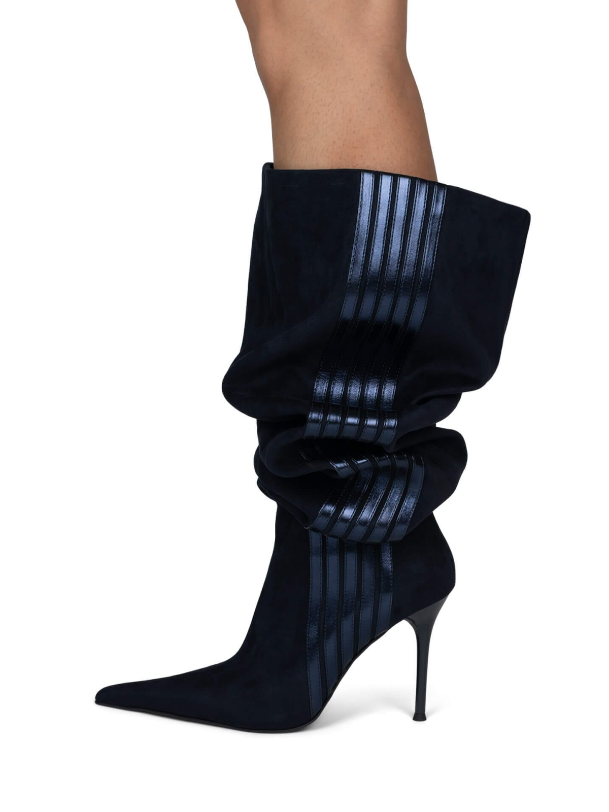 Navy Blue Pointed-Toe Slouchy Wide Calf Over-The-Knee Stiletto Boots With Metallic Stripe