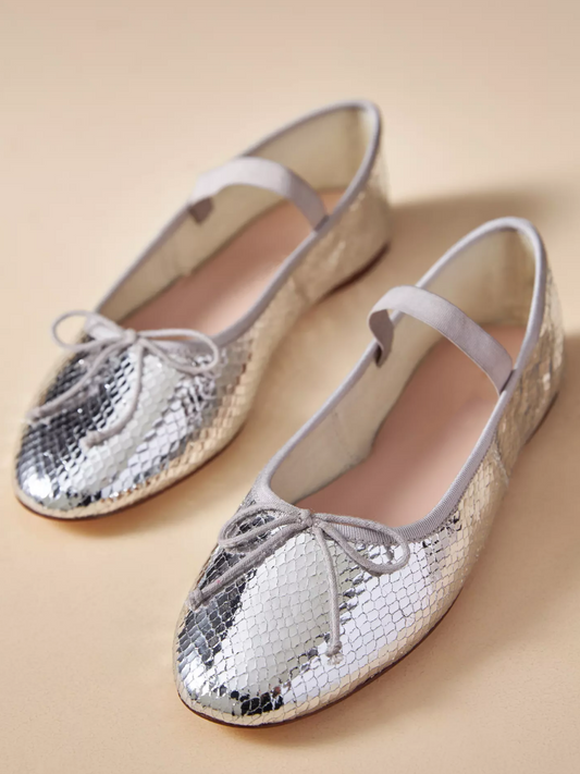 Women's Metallic Silver Snakeskin Bow Ballet Flats Mary Janes