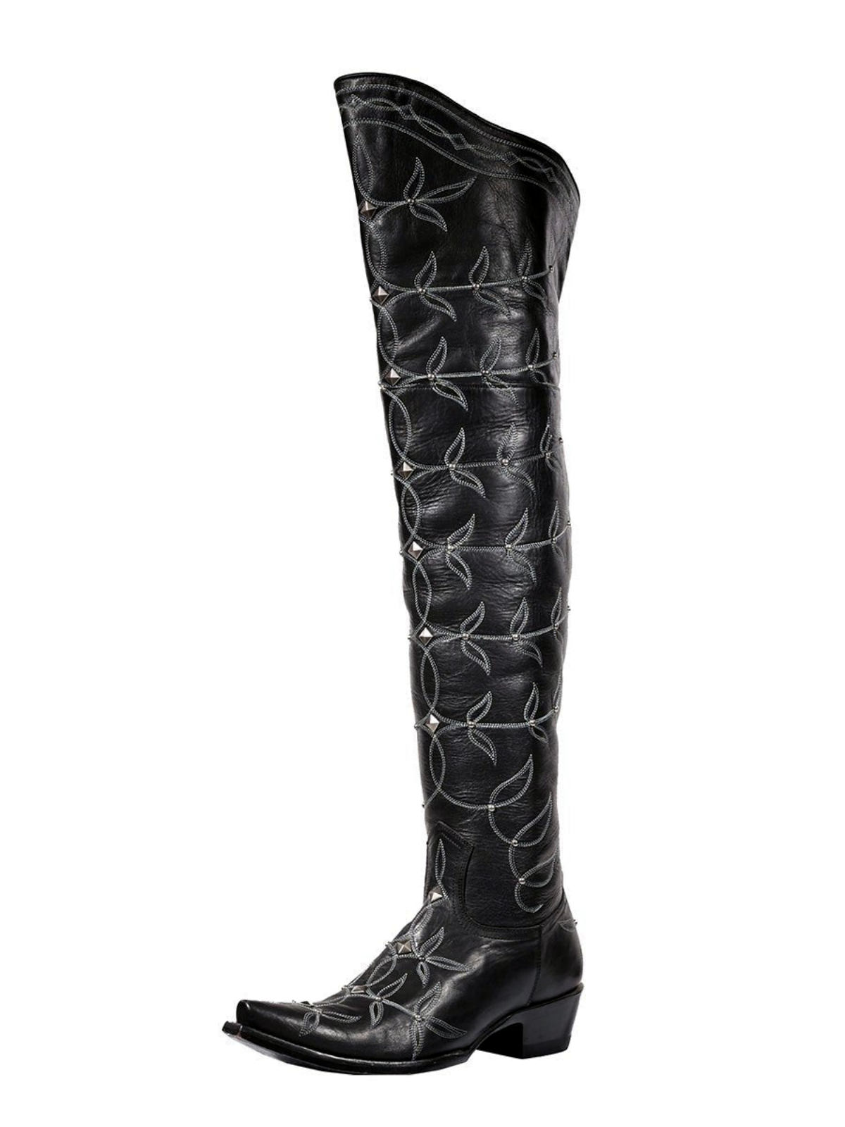 Black Snip-Toe Studded Leaf Embroidery Half-Zip Over-The-Knee Cowgirl Boots