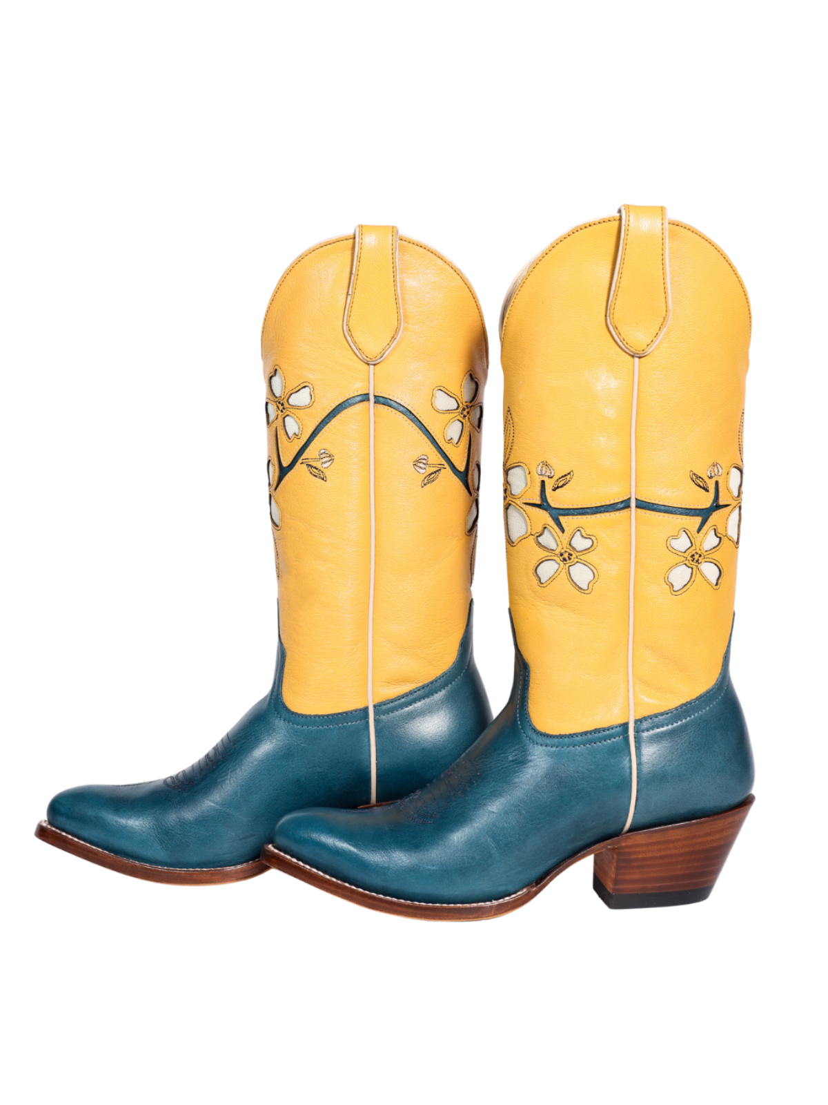 Contrast Yellow And Turquoise Almond-Toe Fresh Flower Inlay Wide Mid Calf Cowgirl Boots