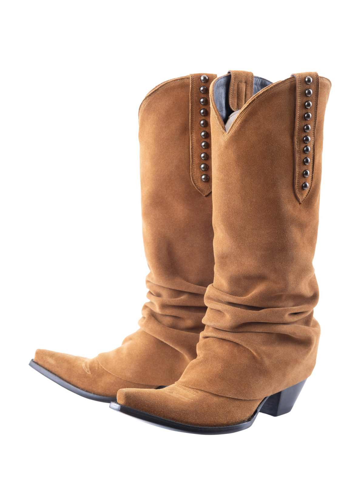 Tan Faux Suede Snip-Toe Studded Tall Wide Mid Calf Fold-Over Slouch Cowgirl Boots