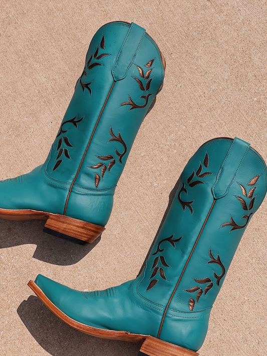 Turquoise Snip-Toe Metallic Gold Inlay Wide Mid Calf Tall Cowgirl Boots