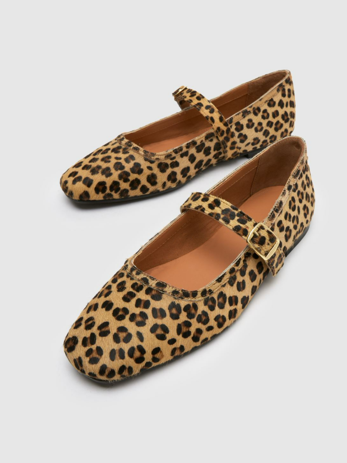 Leopard Faux Fur Square-Toe Bridge Strap Mary Janes Ballet Flats