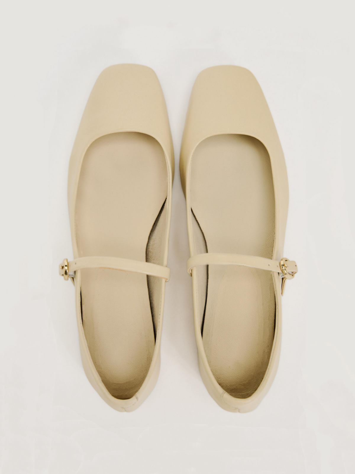 Beige Vegan Leather Square-Toe Ballet Flats Mary Janes With Buckled Strap