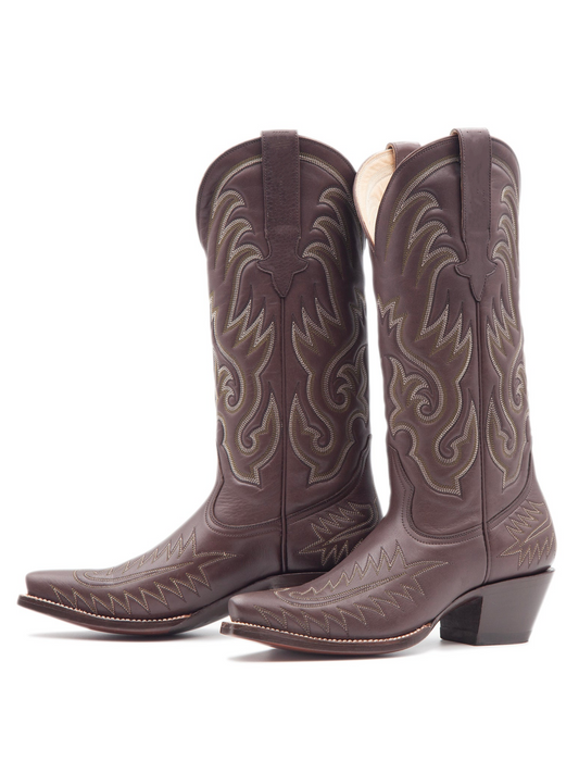 Chocolate Embroidery Snip-Toe Tall Wide Mid Calf Cowboy Boot For Women