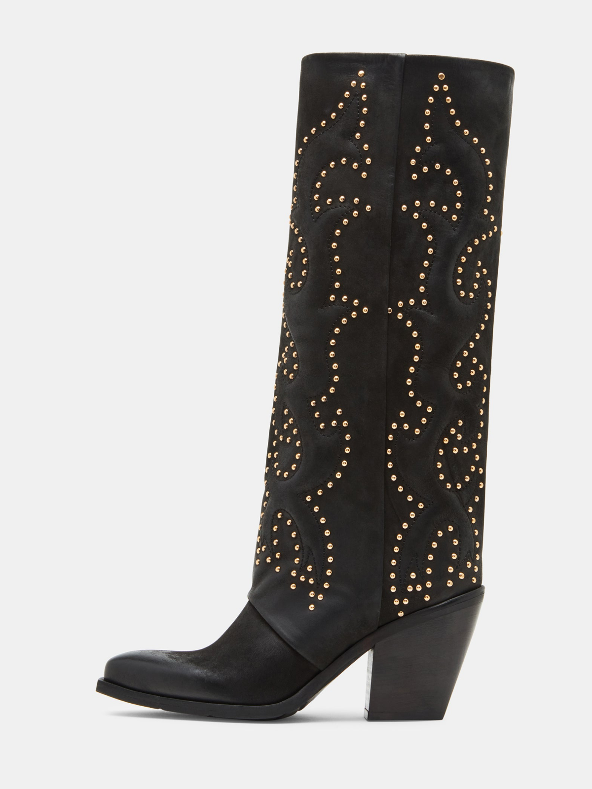 Black Pointed-Toe Classic Studded Padded Wide Mid Calf Cowgirl Boots