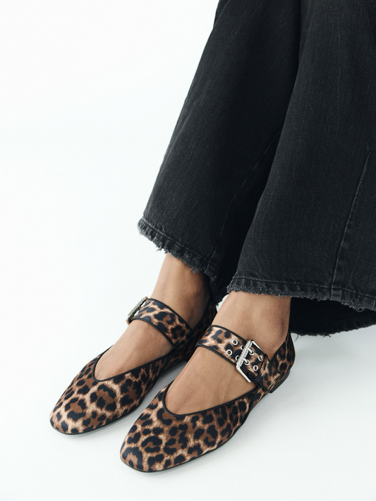 Leopard Print Cloth Square-Toe Wide Strap With Buckle Mary Janes Ballet Flats