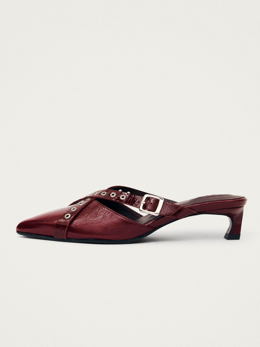 Patent Burgundy Pointed-Toe Eyelet-Embellished Cross Straps Mules