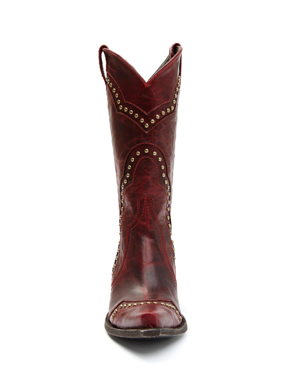 Dark Red Distressed Stitch Studded Snip-Toe Wide Mid Calf Cowgirl Tall Boots