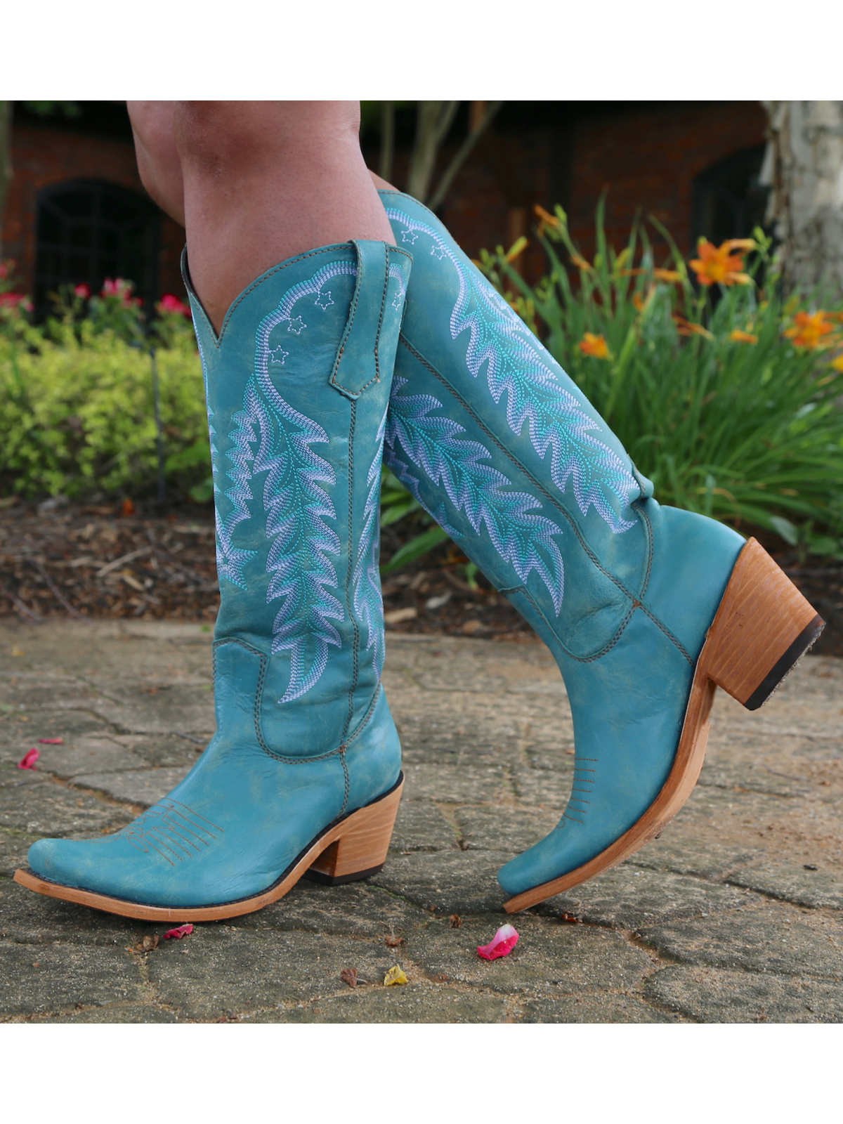 Star And Feather Embroidery Snip-Toe Wide Calf Tall Knee High Cowgirl Boots - Turquoise