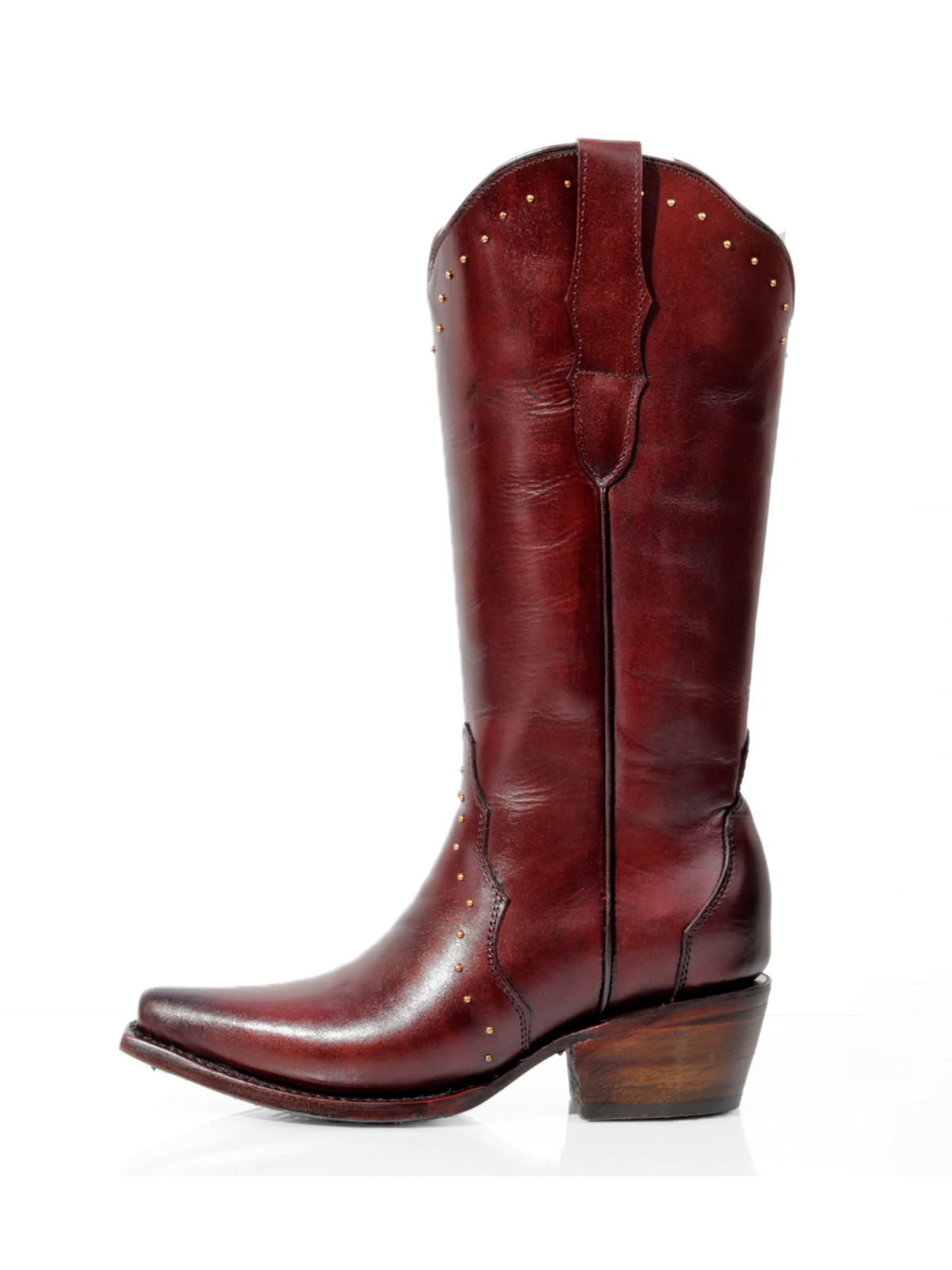 Wine Red Snip-Toe Gold Studded Wide Mid Calf Tall Cowgirl Boots