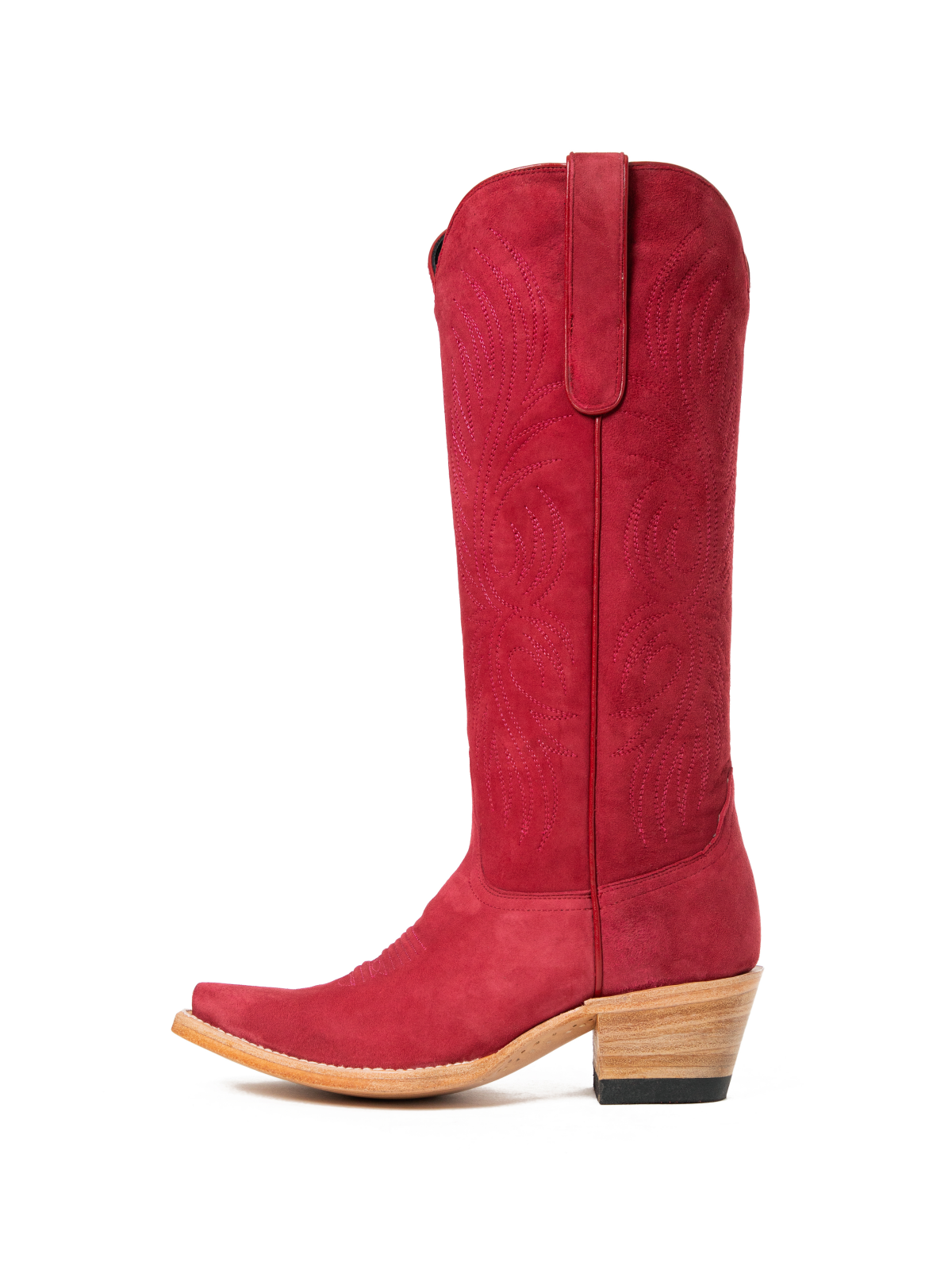 Red Faux Suede Embroidery Snip-Toe Wide Mid Calf Cowboy Tall Boots For Women