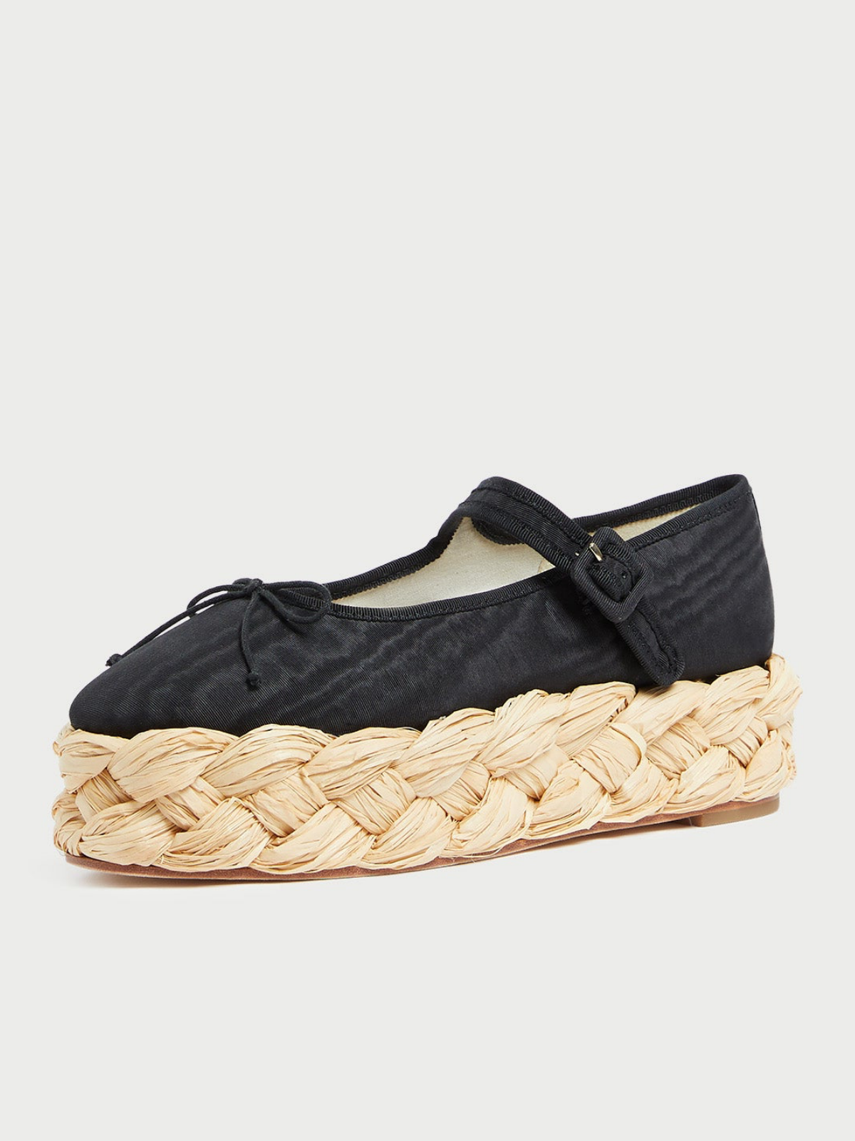 Black Cloth Almond-Toe Adjustable Bridge Strap Bow Espadrille Mary Janes Flats