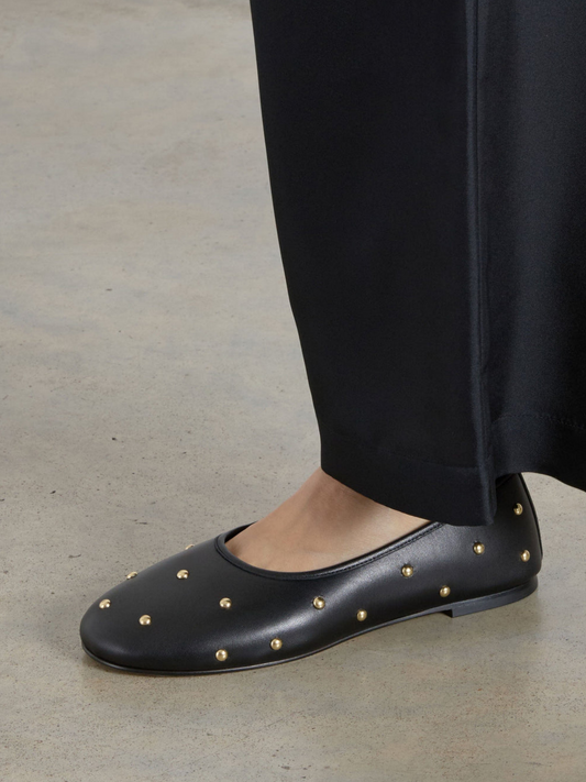 Black Vegan Leather Round-Toe Ballet Flats With Gold Studs