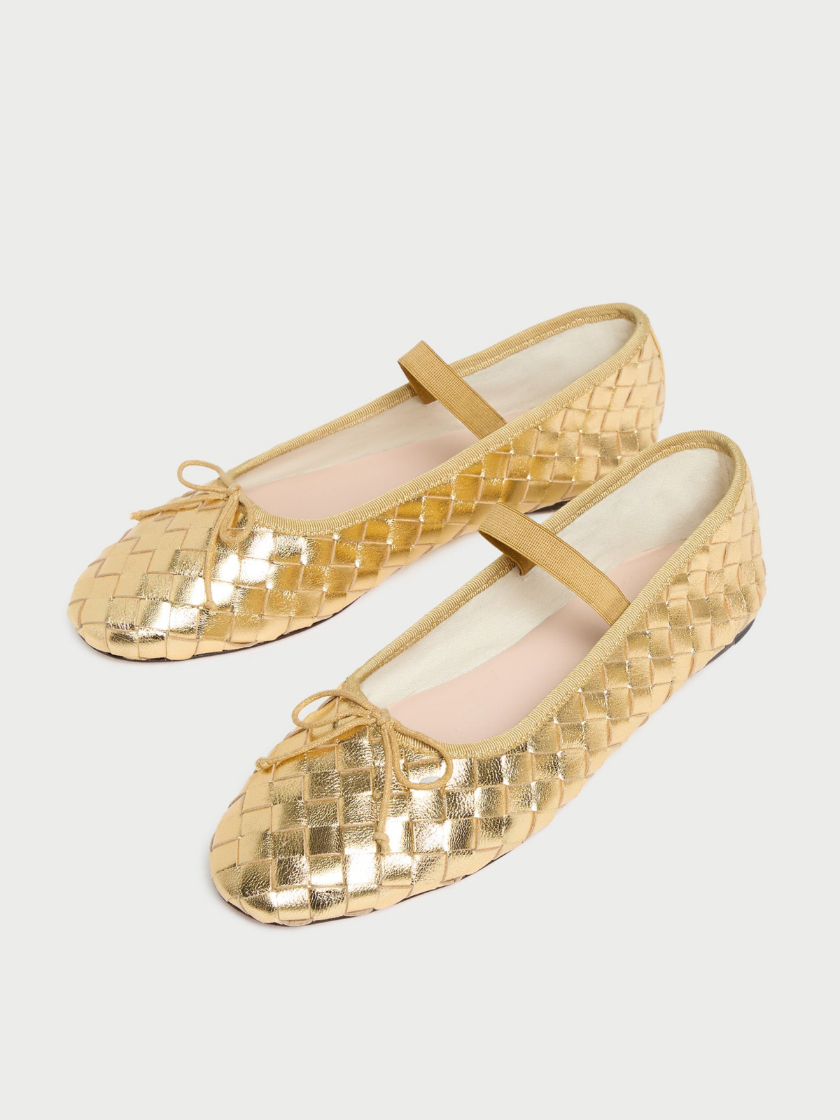 Metallic Gold Woven Bow Round-Toe Ballerina Flats Mary Janes With Elastic Band