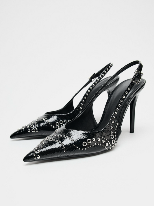 Black Crack Patent Studded Pointed-Toe Classic Slingback Pump High Heels