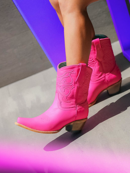 Hot Pink Snip-Toe Embroidery Wide Mid Calf Cowboy Boots For Women