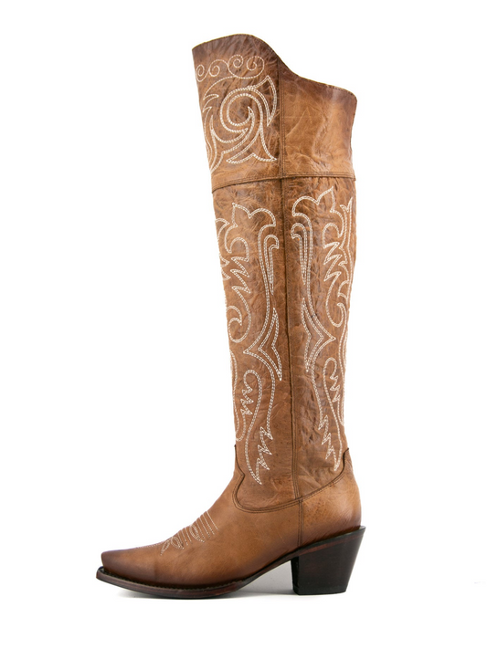 Distressed Camel Snip-Toe Half-Zip Embroidery Tall Knee High Cowgirl Boots