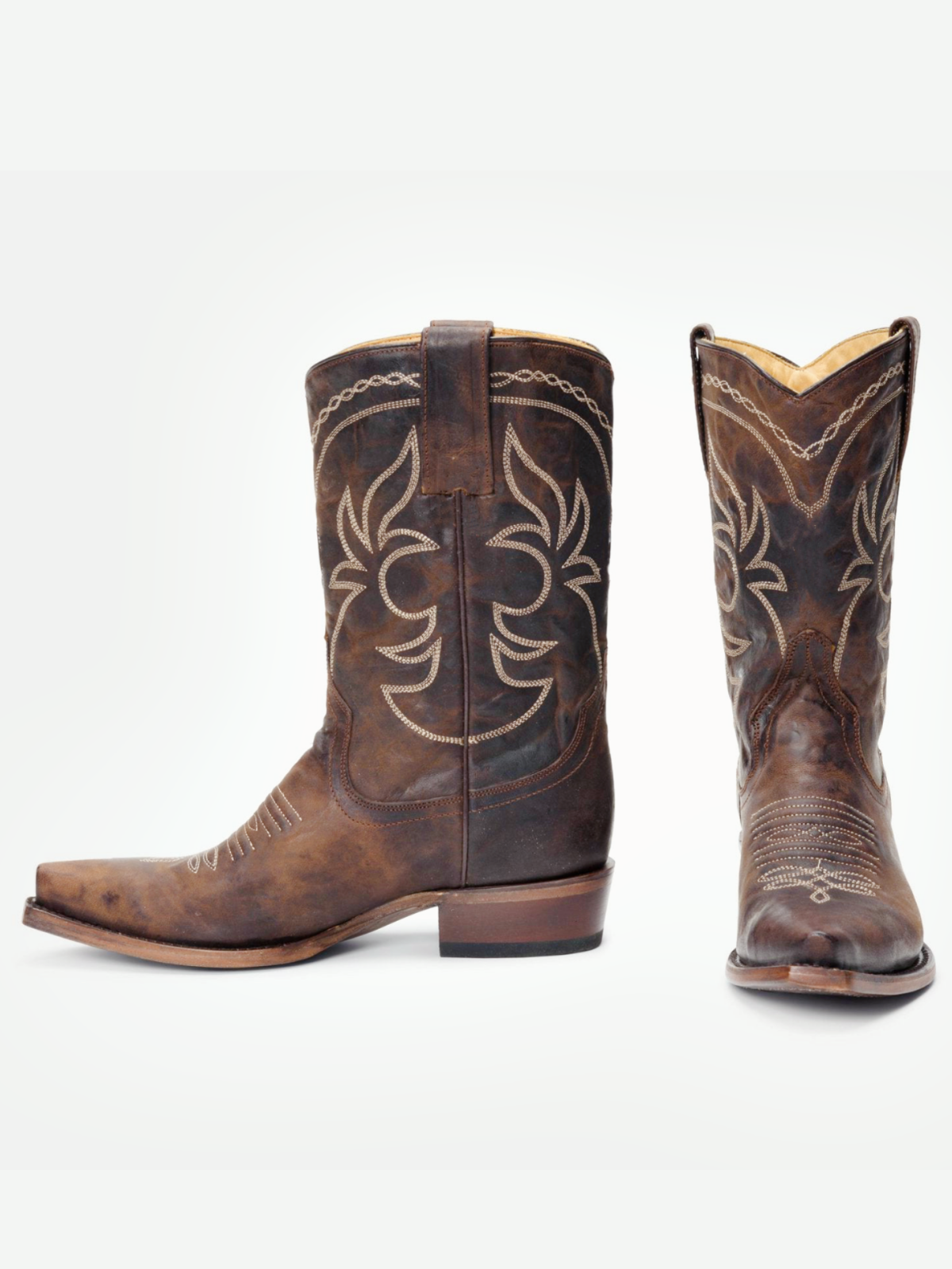 Brown Snip-Toe Embroidery Wide Mid Calf Western Boots For Women