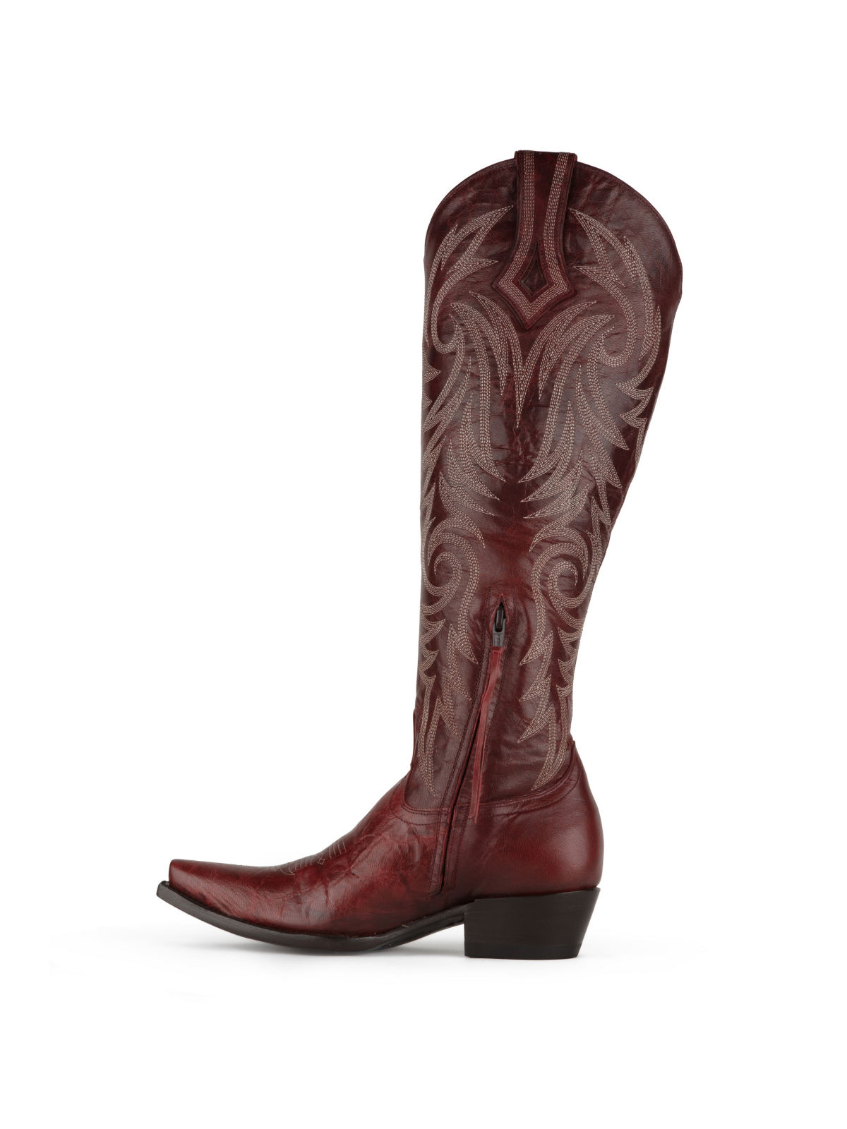 Garnet Red Snip-Toe Embroidery Half-Zip Cowgirl Knee High Tall Boots