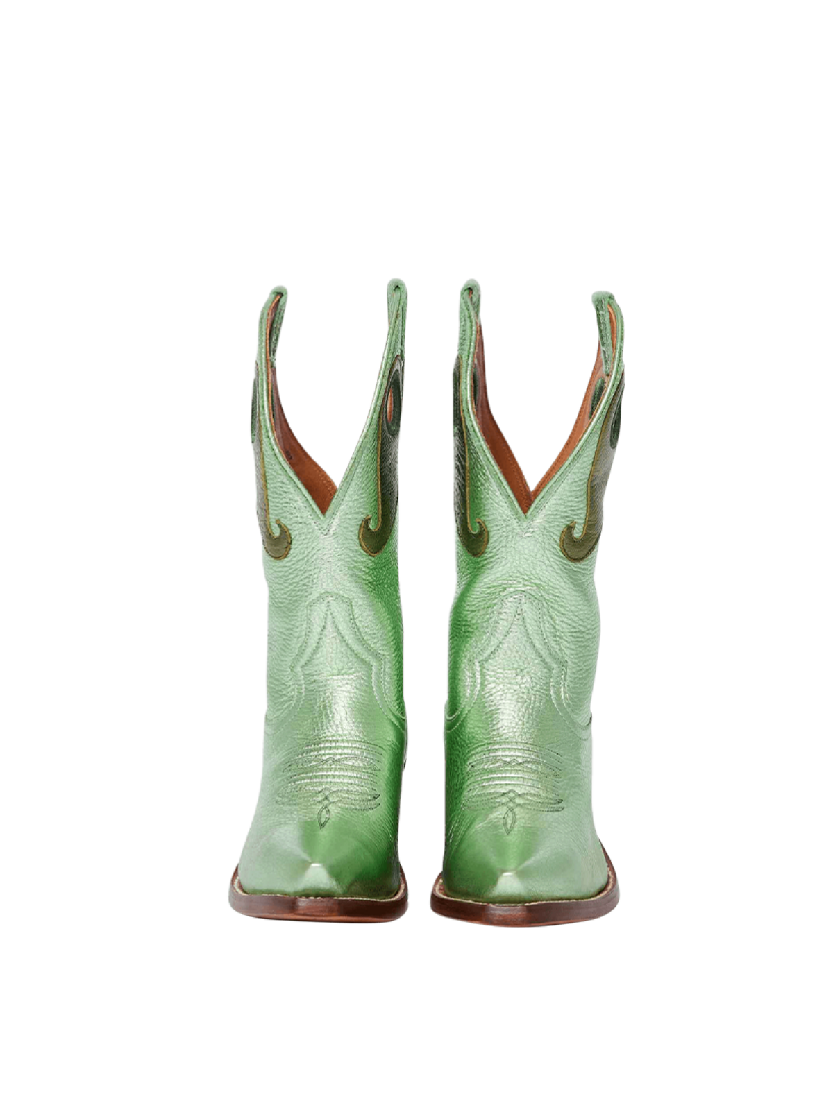 Metallic Green Crinkle Cutout Snip-Toe Wide Mid Calf Cowgirl Boots With Olive Green Paisley