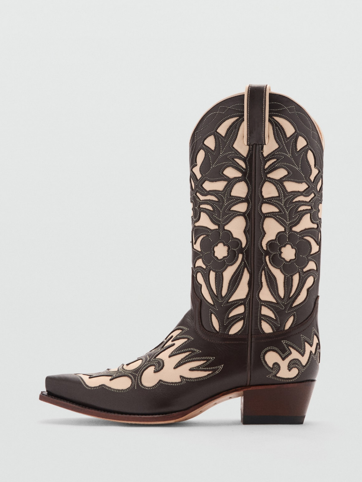 Two-Tone Vegan Leather Snip-Toe Floral Inlay Embroidery Wide Mid Calf Cowgirl Boots