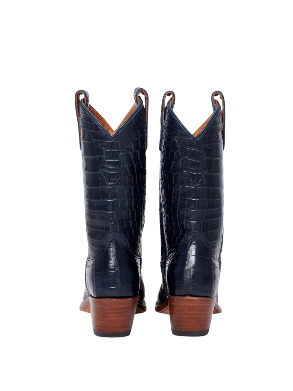 Snip-Toe Wide Mid Calf Cowgirl Boots - Navy Blue Crocodile-Embossed Vegan Leather