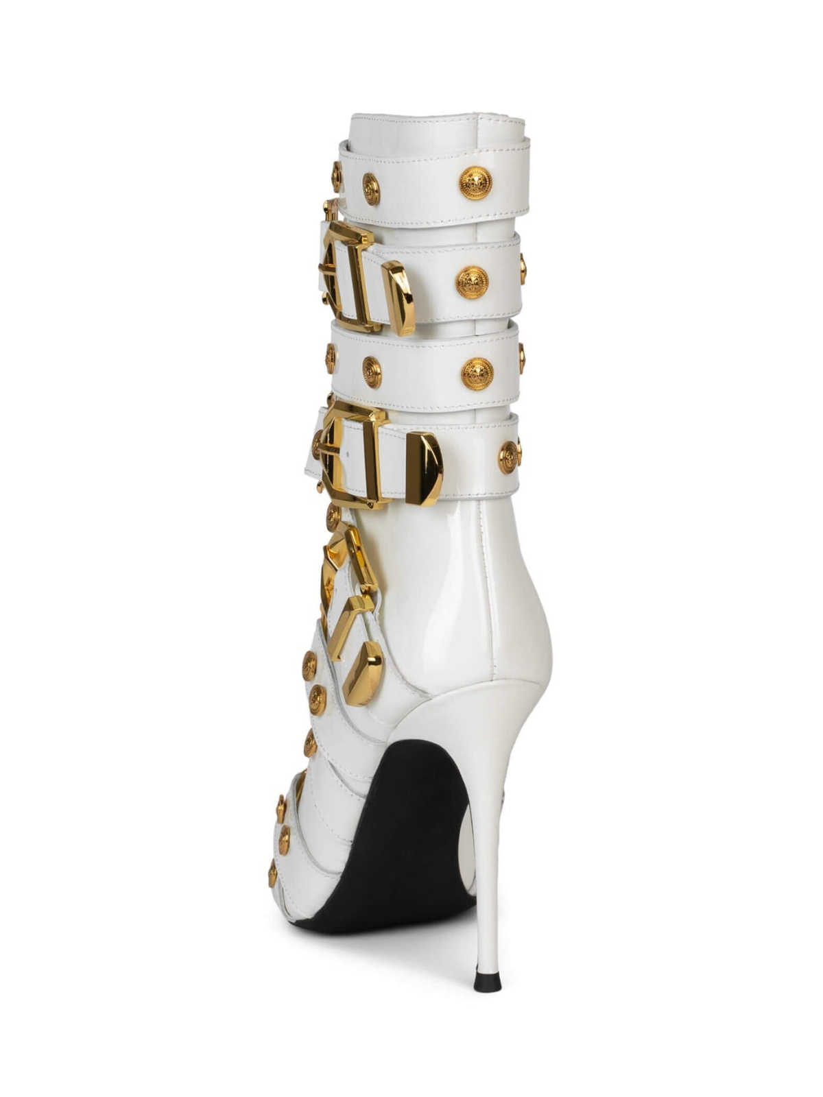 Patent White Pointed-Toe Full-Zip Strappy Buckled Mid Calf Stiletto Boots With Gold Lion Emblems