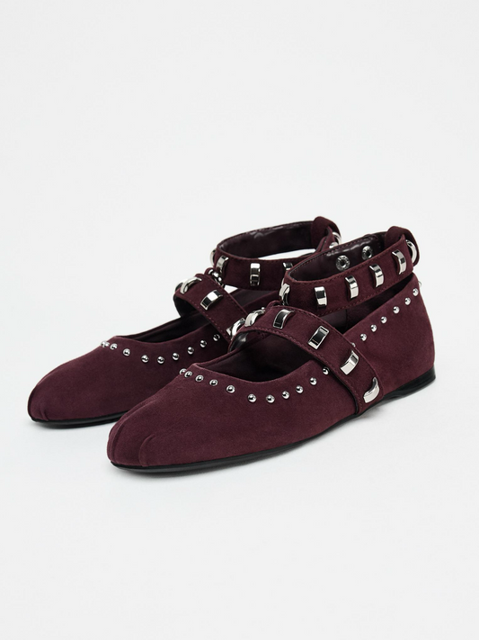 Burgundy Faux Suede Round-Toe Adjustable Ankle Strap With Button Studded Front Strap Flats