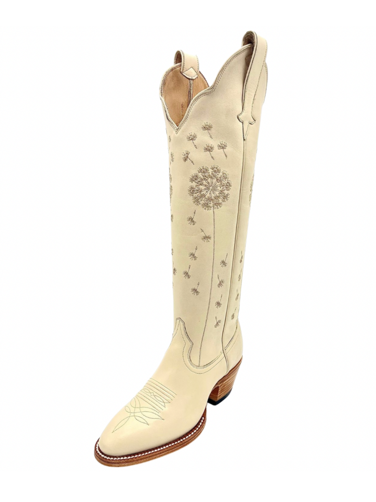 Bone Almond-Toe Dandelion Embroidery Wide Calf Knee High Cowgirl Boots