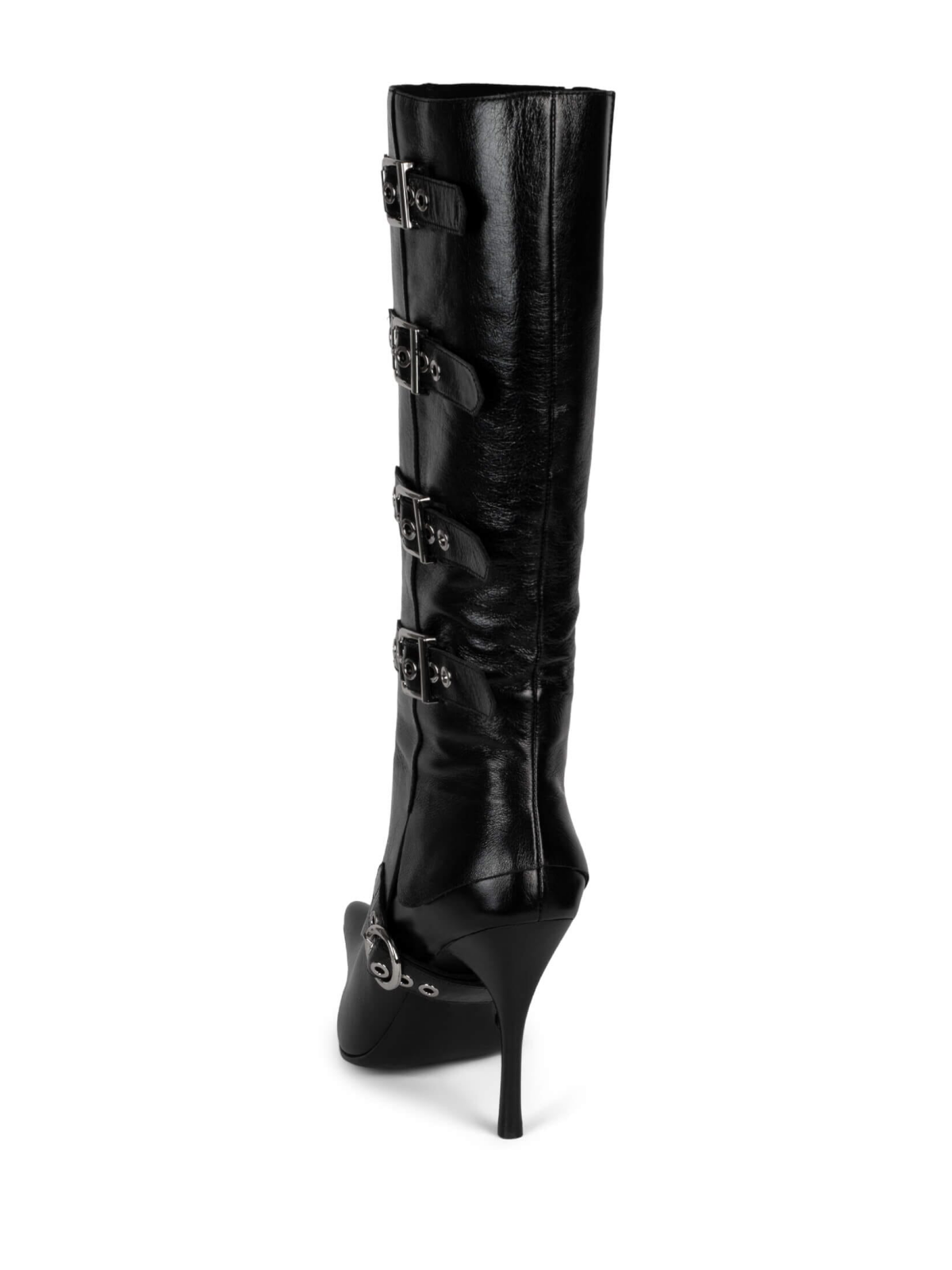 Black Pointed-Toe Full-Zip Mid Calf Stiletto Boots With Buckles