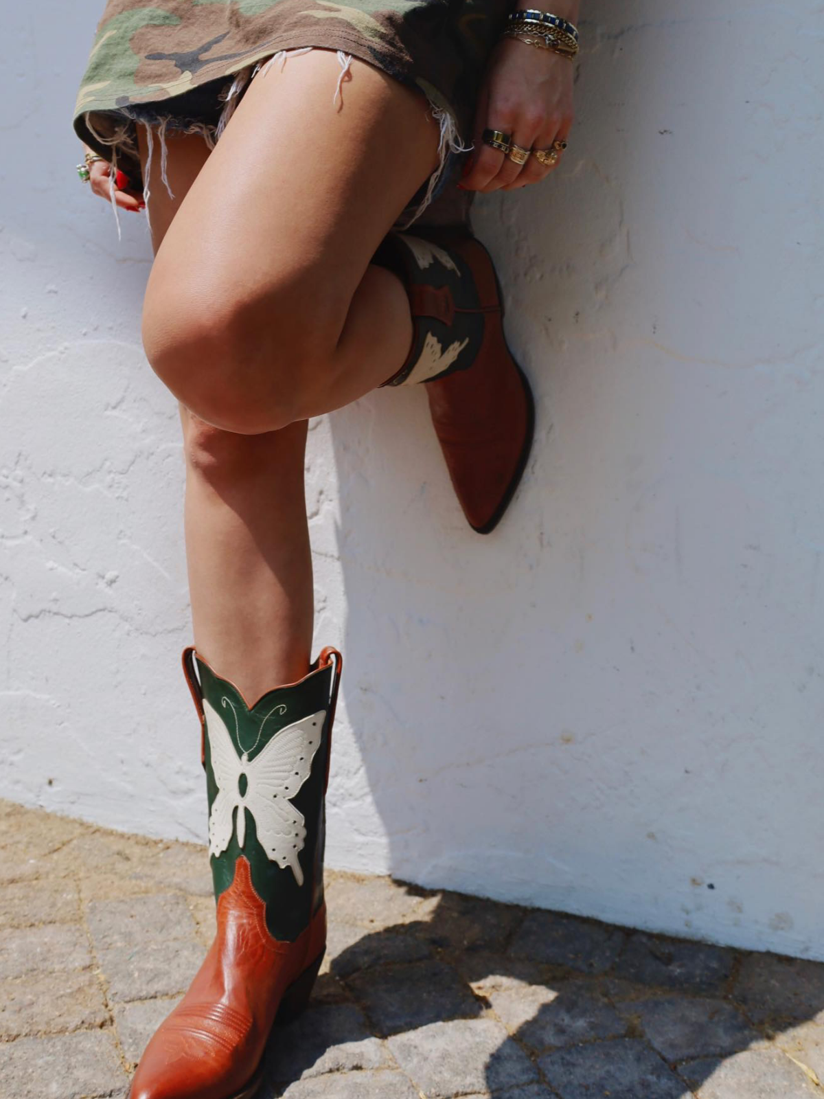 Contrast Brown And Green Pointed-Toe Wide Mid Calf Cowgirl Boots With White Butterfly Applique