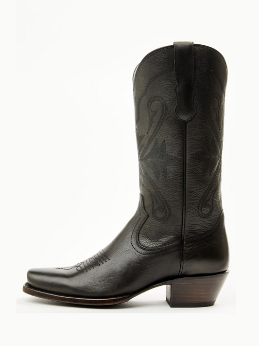 Black Square-Toe Wide Mid Calf Tall Western Boots For Women