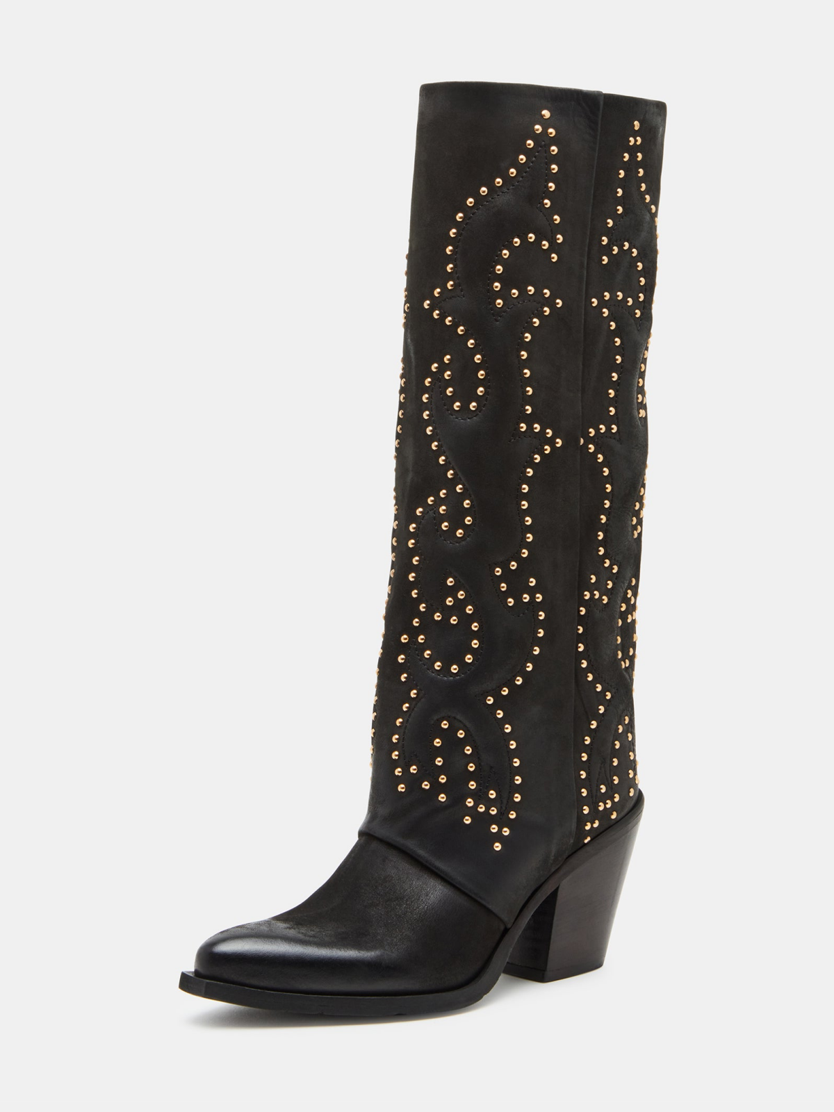 Black Pointed-Toe Classic Studded Padded Wide Mid Calf Cowgirl Boots