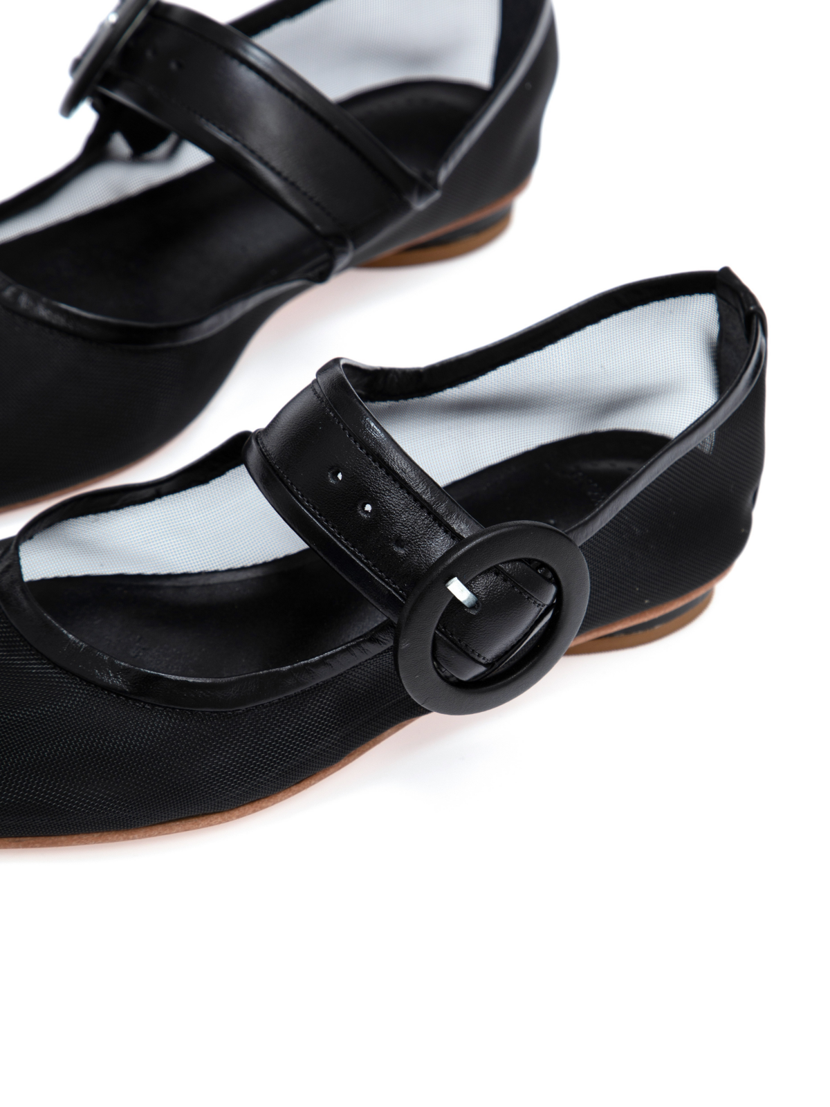 Black Mesh Elongated Ballet Flats Mary Janes With Oversized Buckle