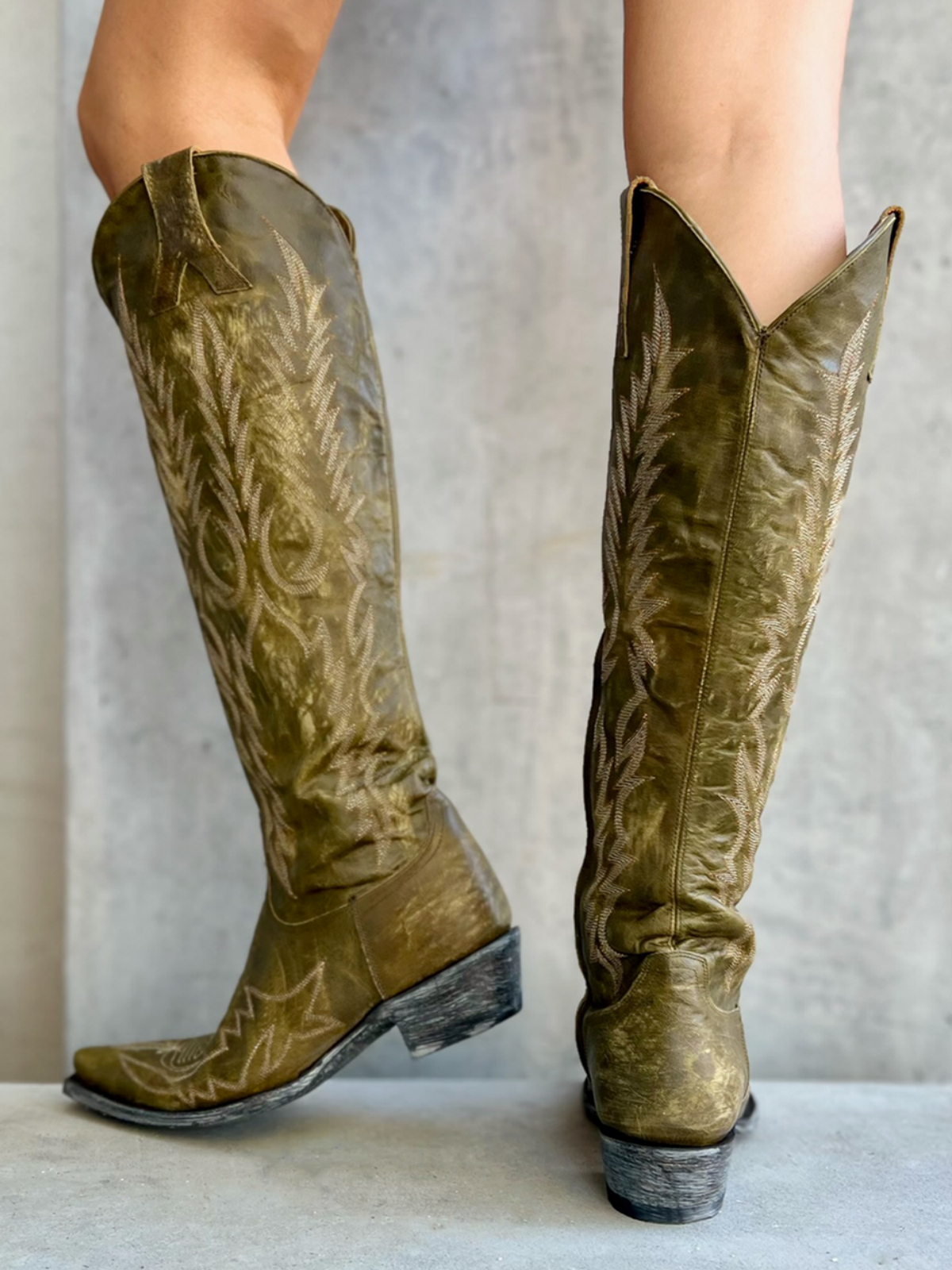 Distressed Green Half-Zip Snip-Toe Embroidery Tall Knee High Cowgirl Boots