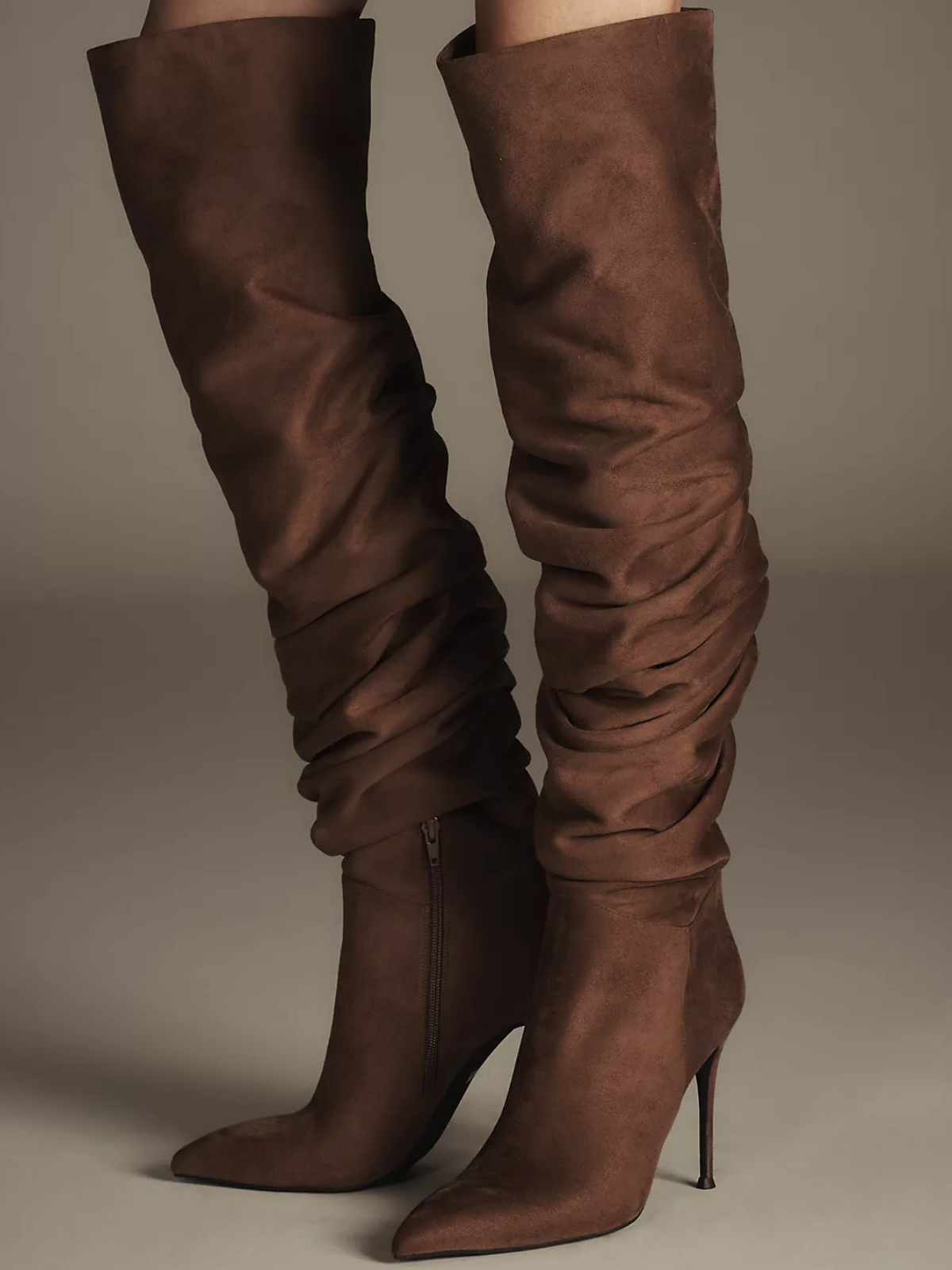 Brown Faux Suede Pointed-Toe Slouchy Half-Zip Over-The-Knee Stiletto Boots