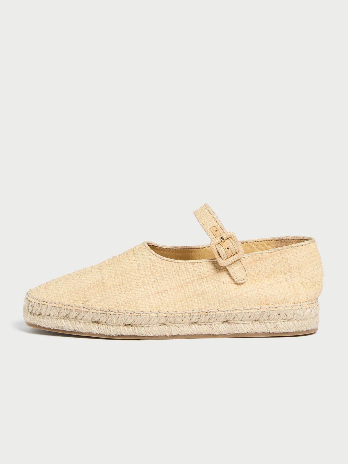 Beige Almond-Toe Adjustable Bridge Strap Espadrille Mary Janes Flats