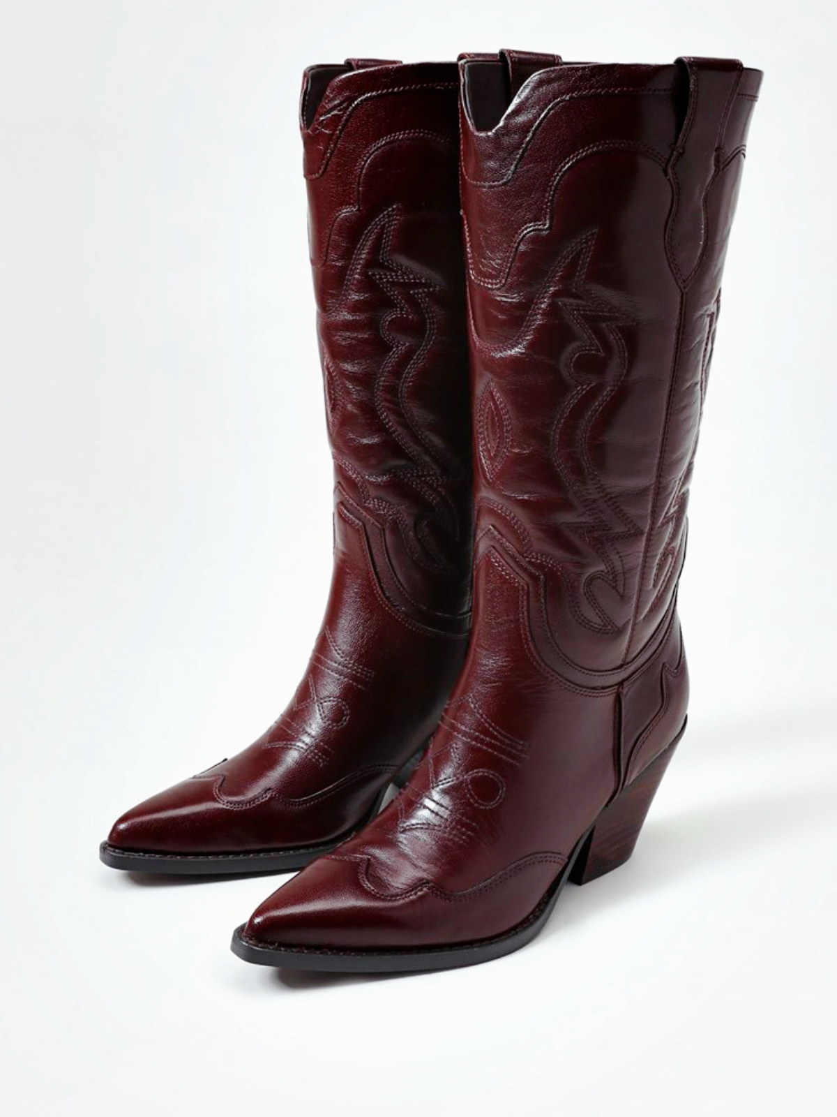 Wine Red Pointed-Toe Classic Embroidery Wide Mid Calf Cowgirl Boots