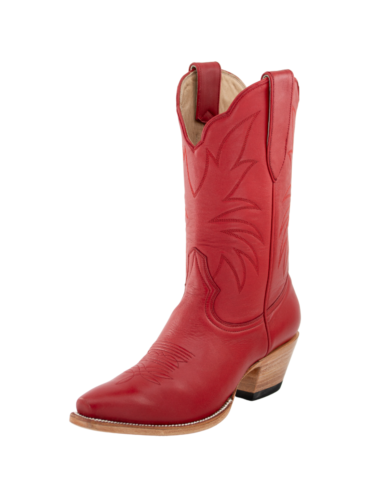 Western Embroidery Snip-Toe Mid Wide Calf Cowgirl Boots - Chestnut