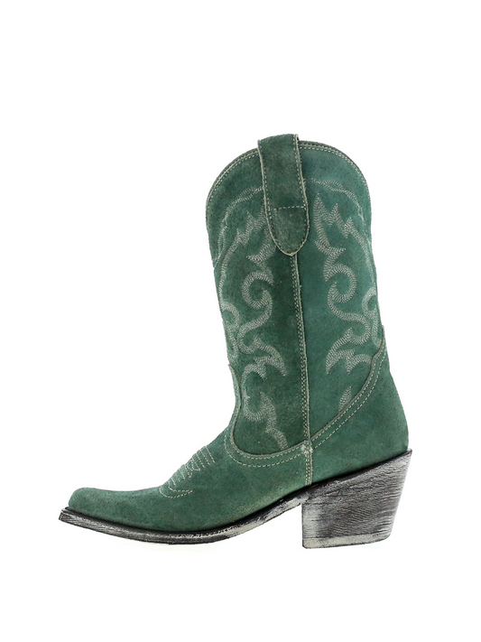 Embroidery Almond-Toe Wide Mid Calf Cowgirl Boots - Green Faux Suede