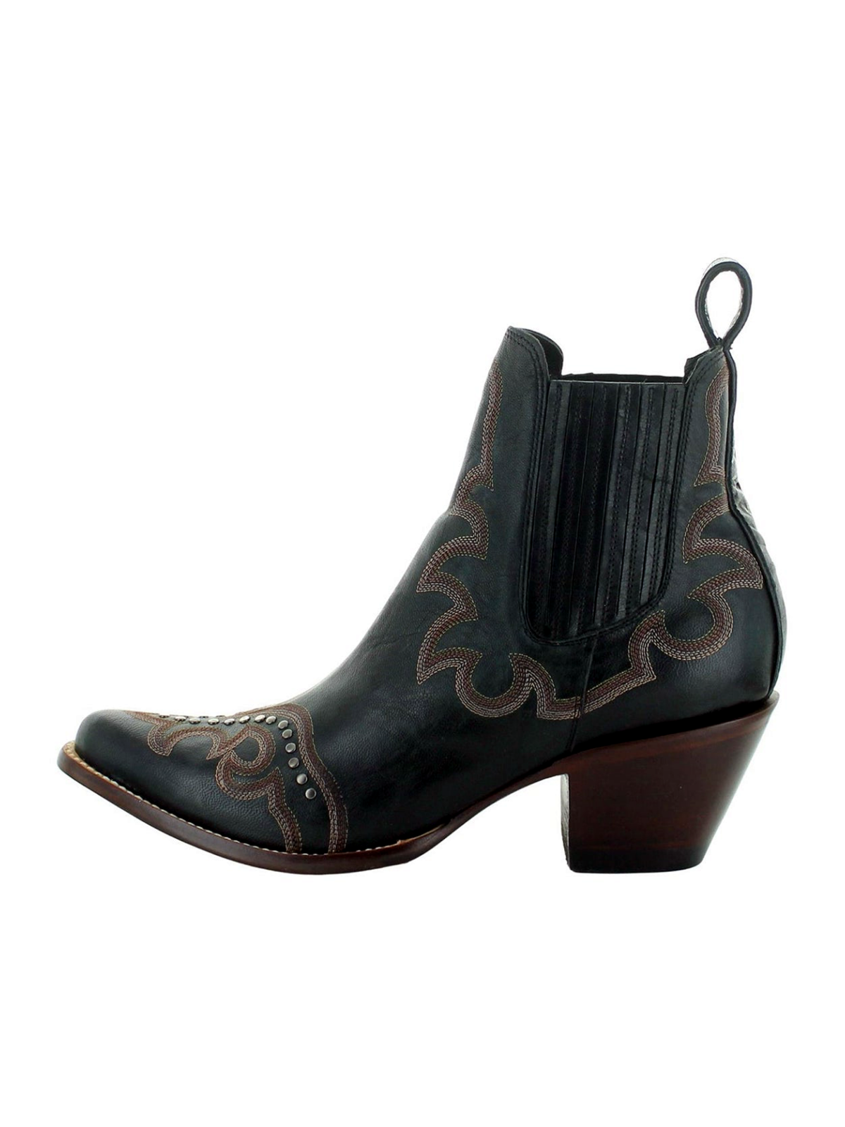 Almond-Toe Studded Embroidery Wide Mid Calf Cowgirl Boots - Black