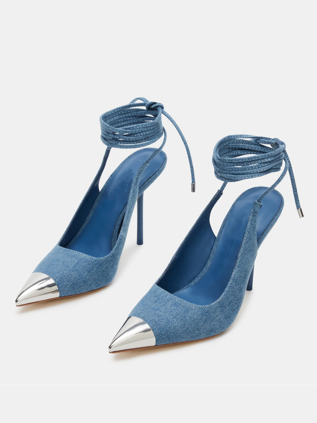 Blue Denim And Metal Steel Pointed-Toe Lace Up High Heels