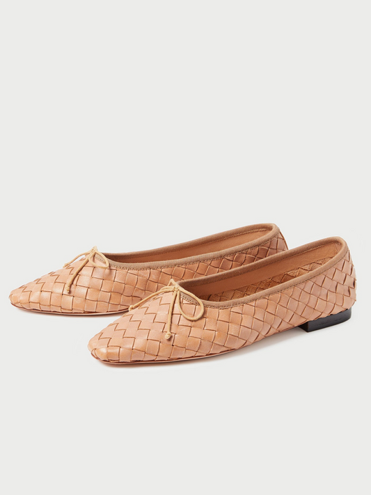 Honey Almond-Toe Bow Woven Ballet Flats