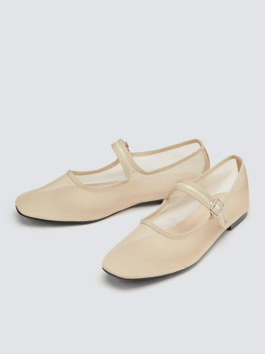 Beige Mesh Square-Toe Ballet Flats Mary Janes With Buckled Strap