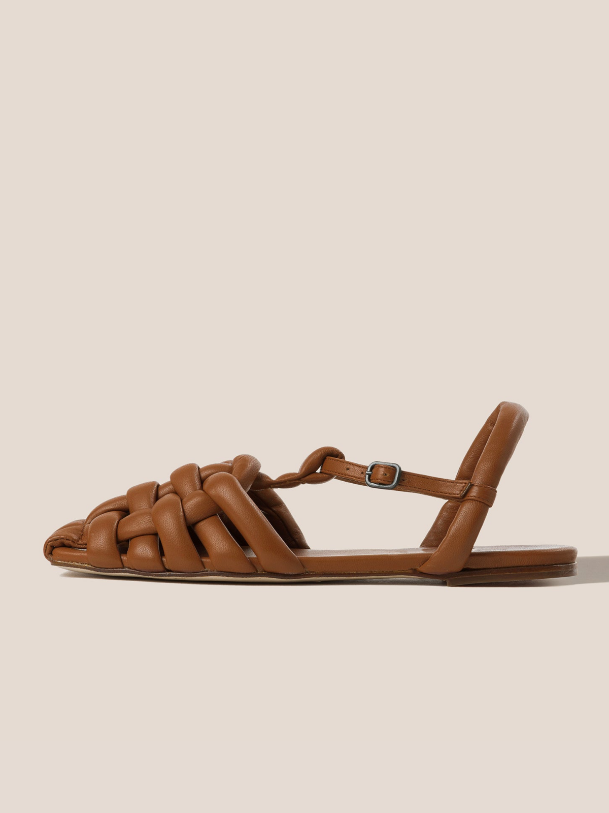 Brown Padded Strap Interwined Square-Toe Flats Sandals With Ankle T-Strap