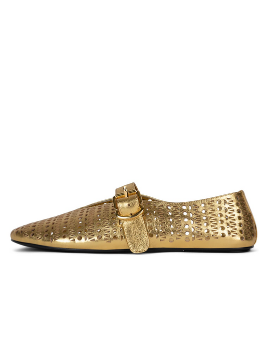 Metallic Gold Perforated Flats Cutout Mary Janes With Buckled Strap