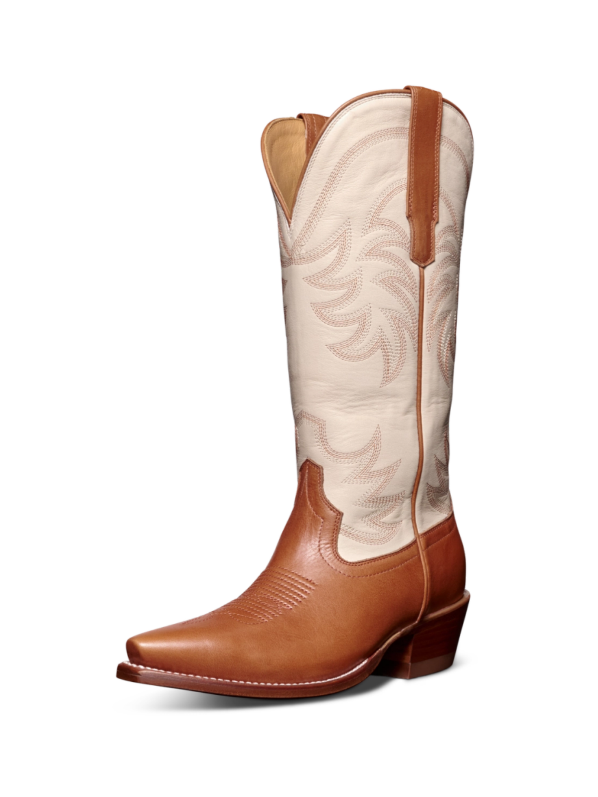 Contrast Brown And Bone Embroidery Snip-Toe Wide Mid Calf Tall Western Boots For Women