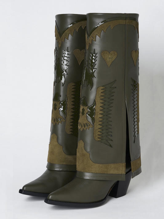 Fold-Over Panel Eagle And Heart Applique Snip-Toe Wide Mid Calf Boots - Khaki